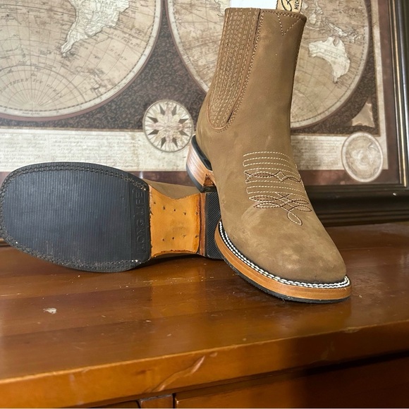 Womens Light Brown Chelsea Ankle Mid Boots Leather Western Dress Botas Vaquera - Picture 3 of 5